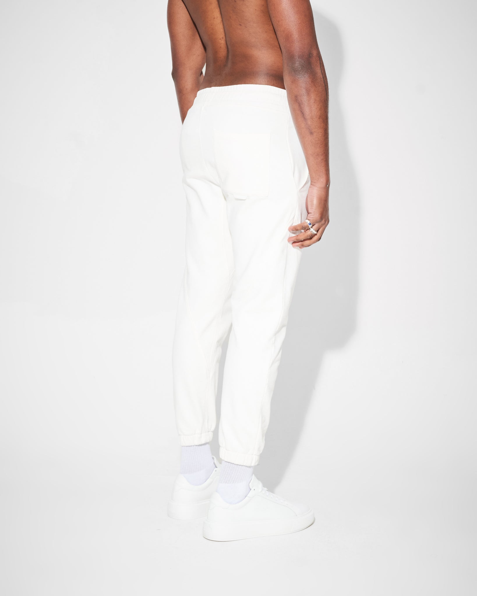 back view of winter white heavyweight joggers