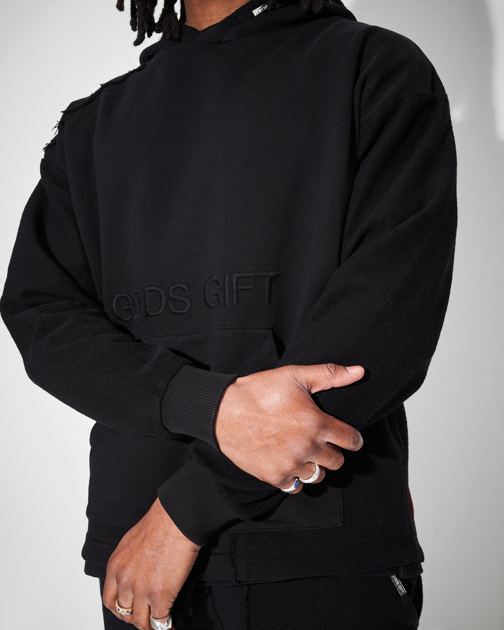 brand detail of 2 tone heavyweight hoodie