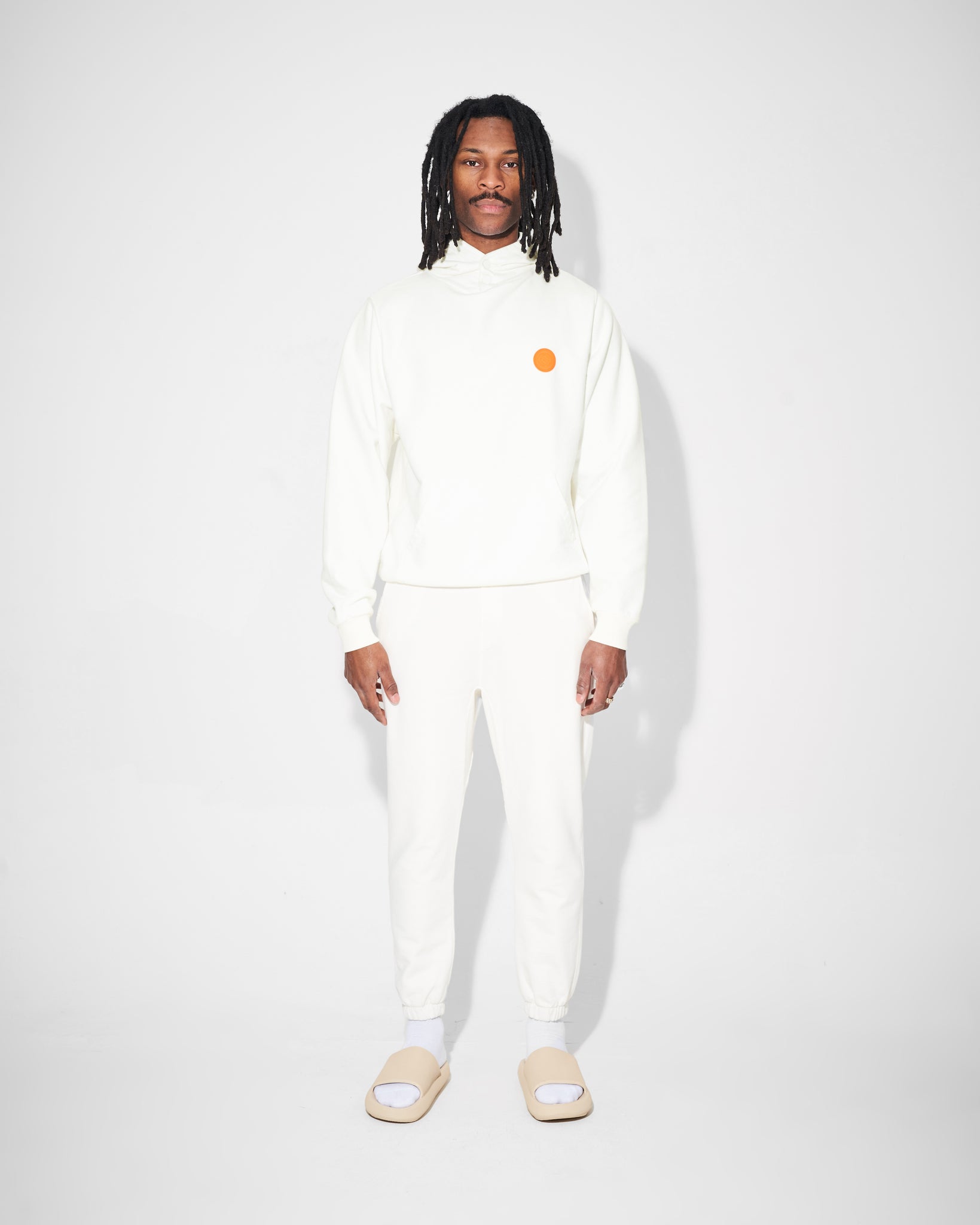 white heavyweight joggers and hoodie