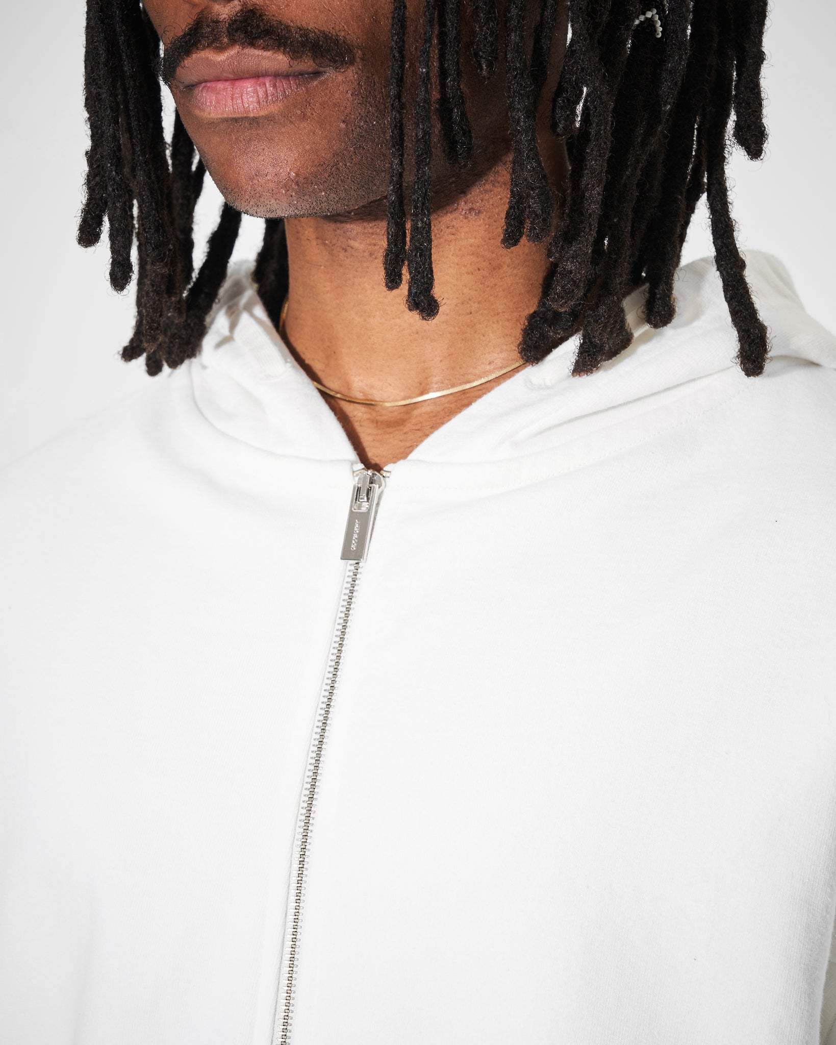 zip detail on white heavyweight hoodie