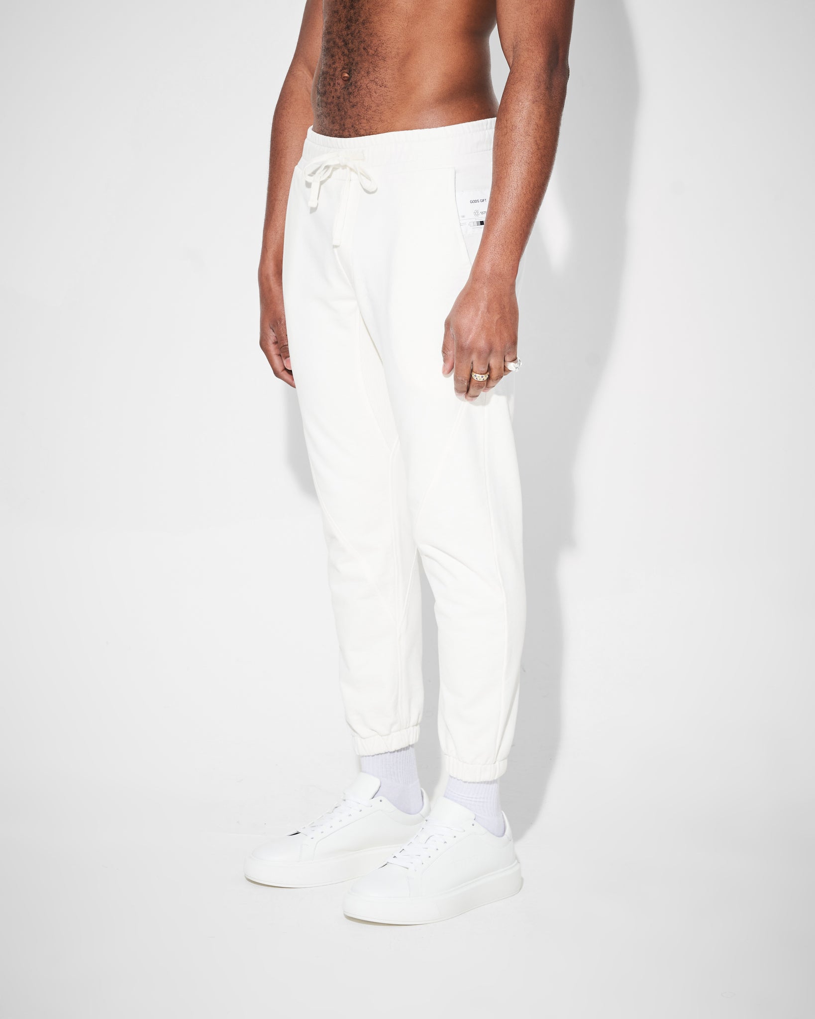 side view of winter white heavyweight joggers