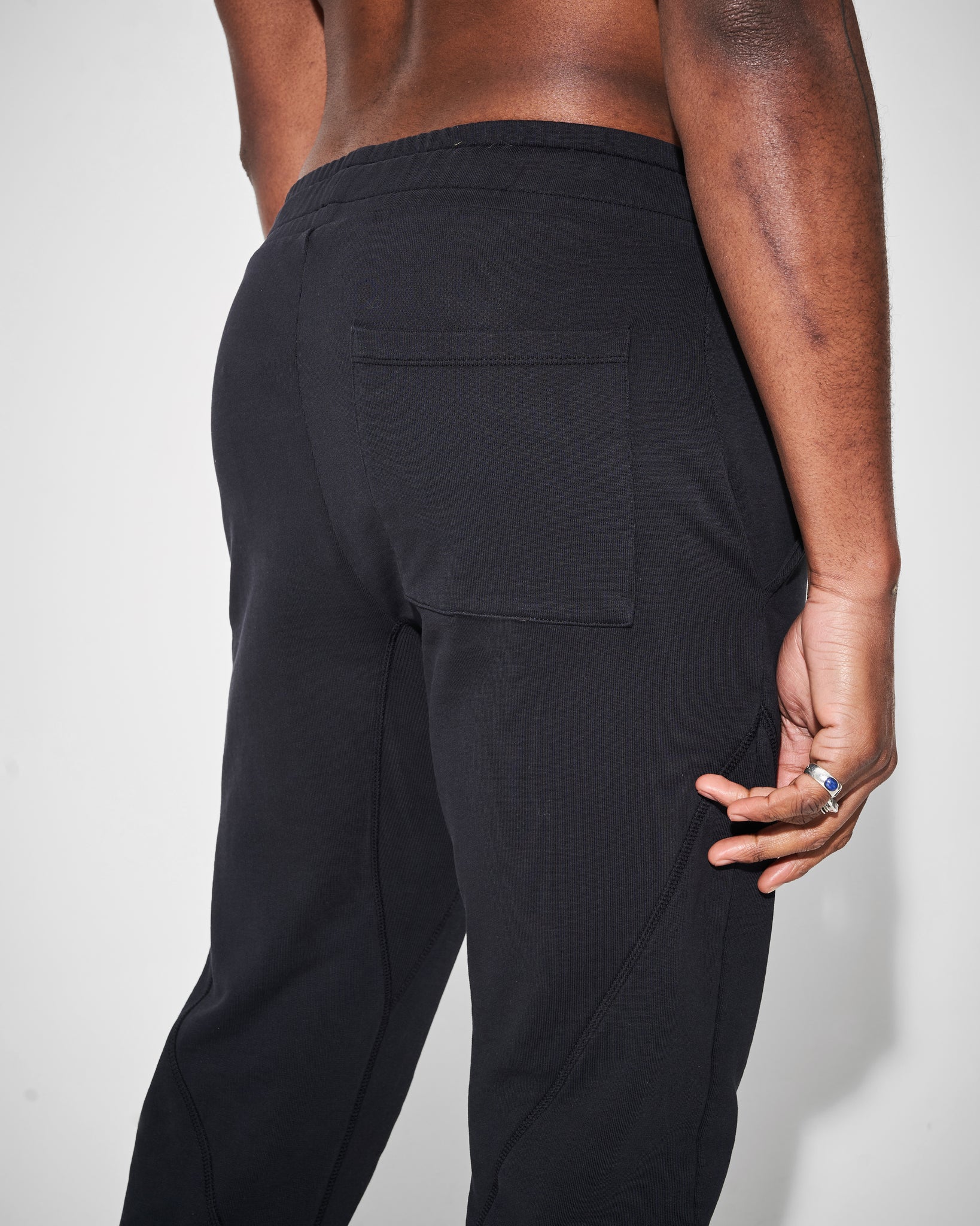 close up back detail of black heavyweight joggers