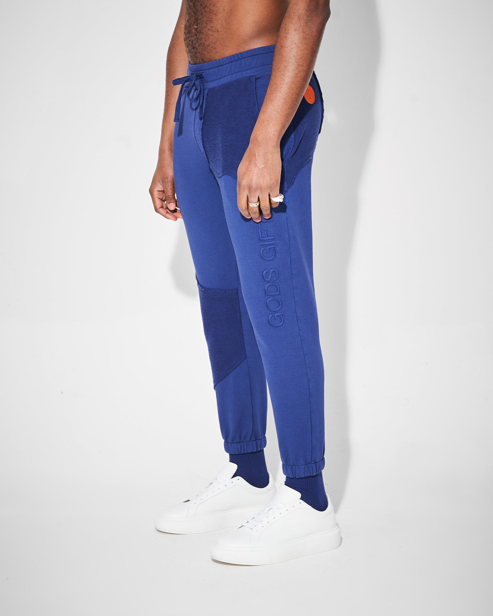 blue 2 tone heavyweight joggers side view