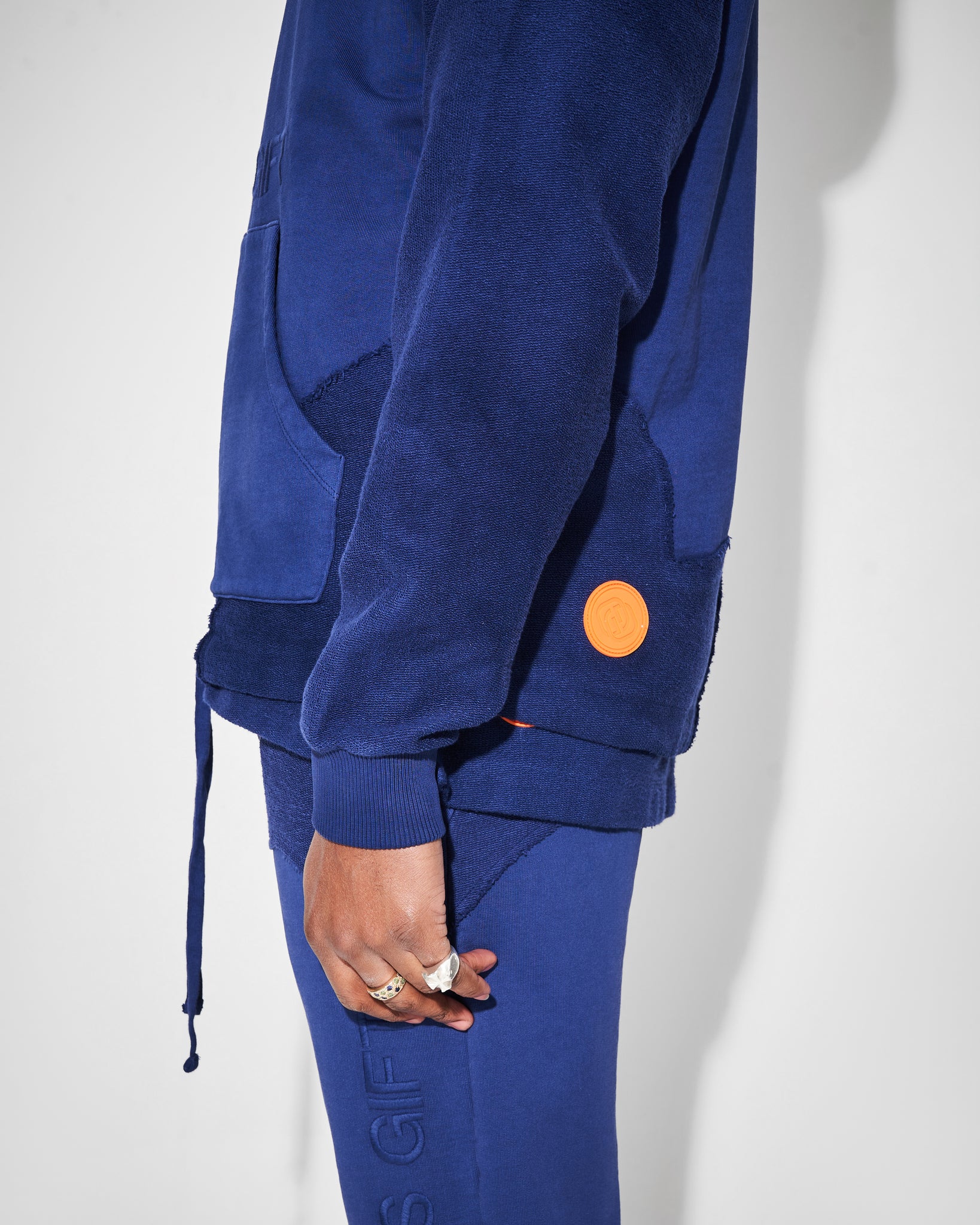 side design of blue tonal heavyweight hoodie